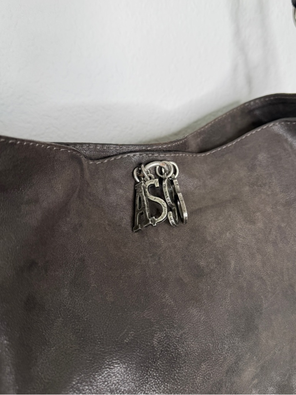 A.S.98 Studded Leather Bucket Bag Gray Brown Distressed Zipper Compartment - Picture 5 of 15